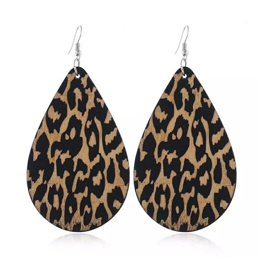 Wooden animal print teardrop earrings